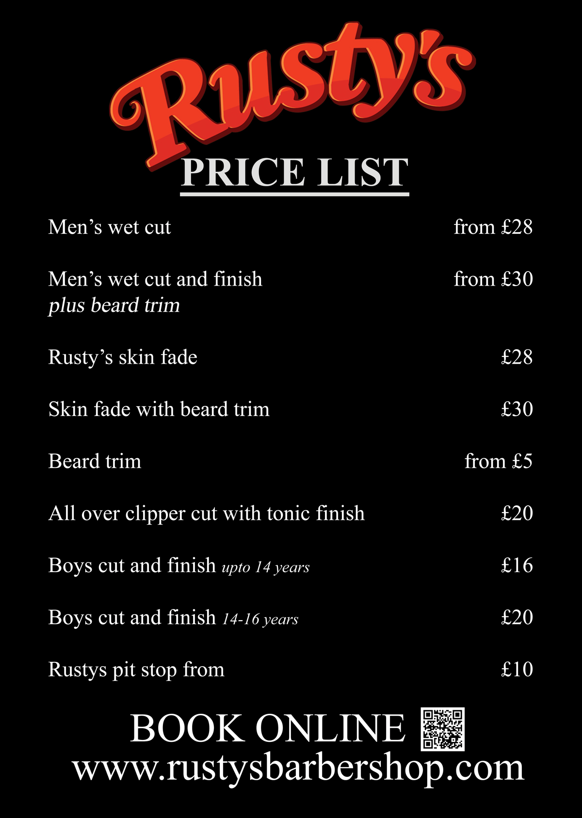 Rustys Barbershop Price list